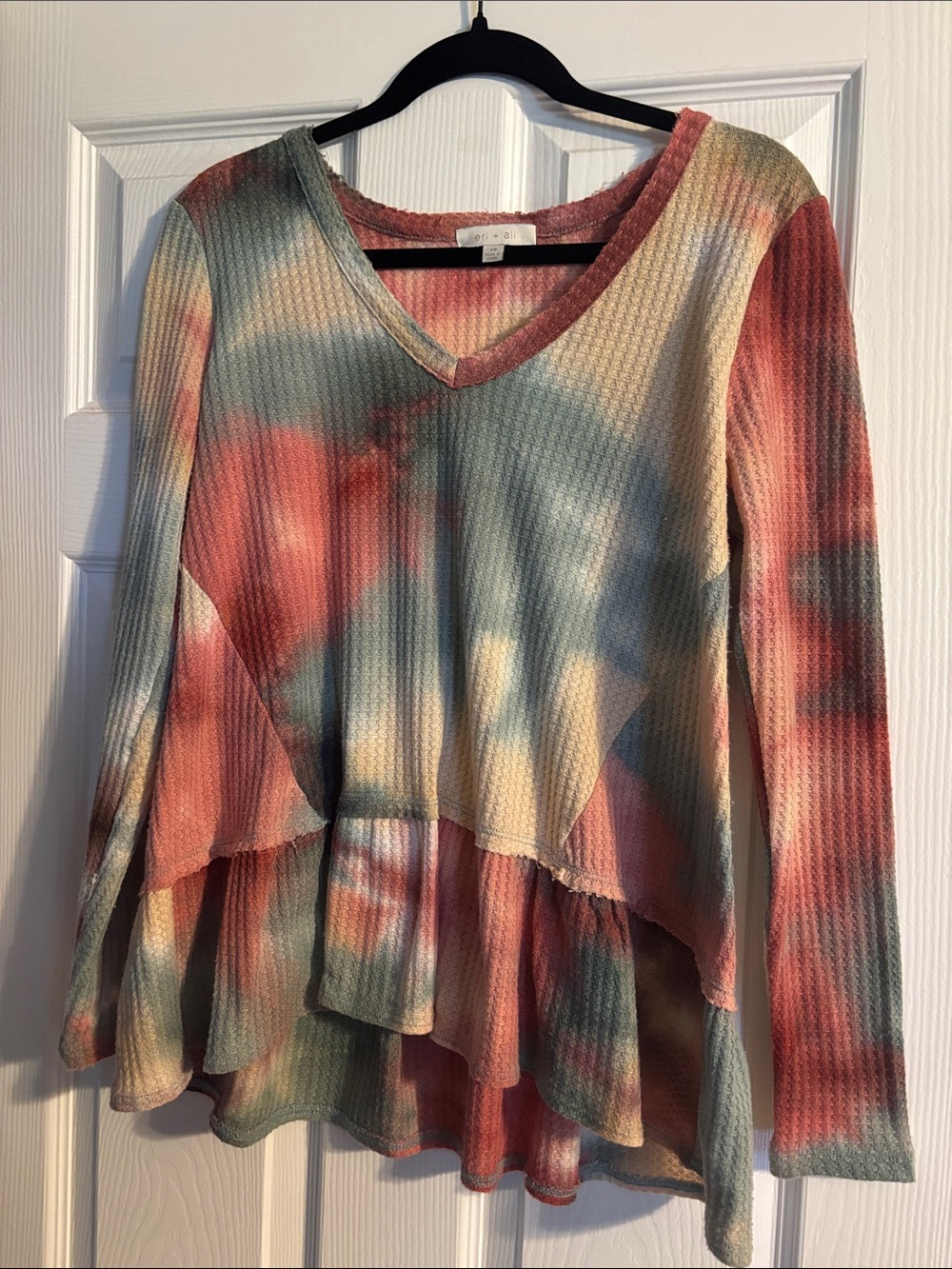 V-Neck Tie-Dye Waffle Knit Tiered Top in Coral, Sage & Cream